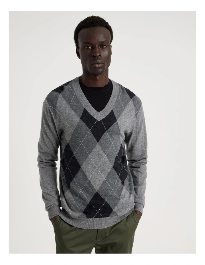 Argyle V-Neck Long Sleeve Knit in Grey image 5