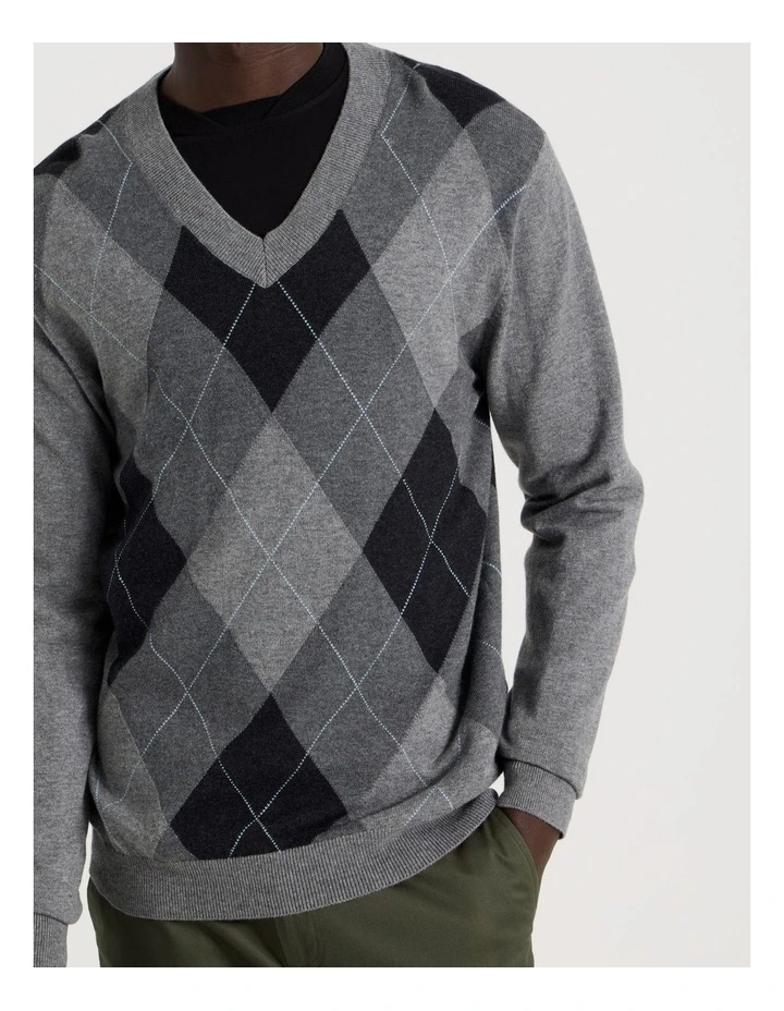 Argyle V-Neck Long Sleeve Knit in Grey image 7