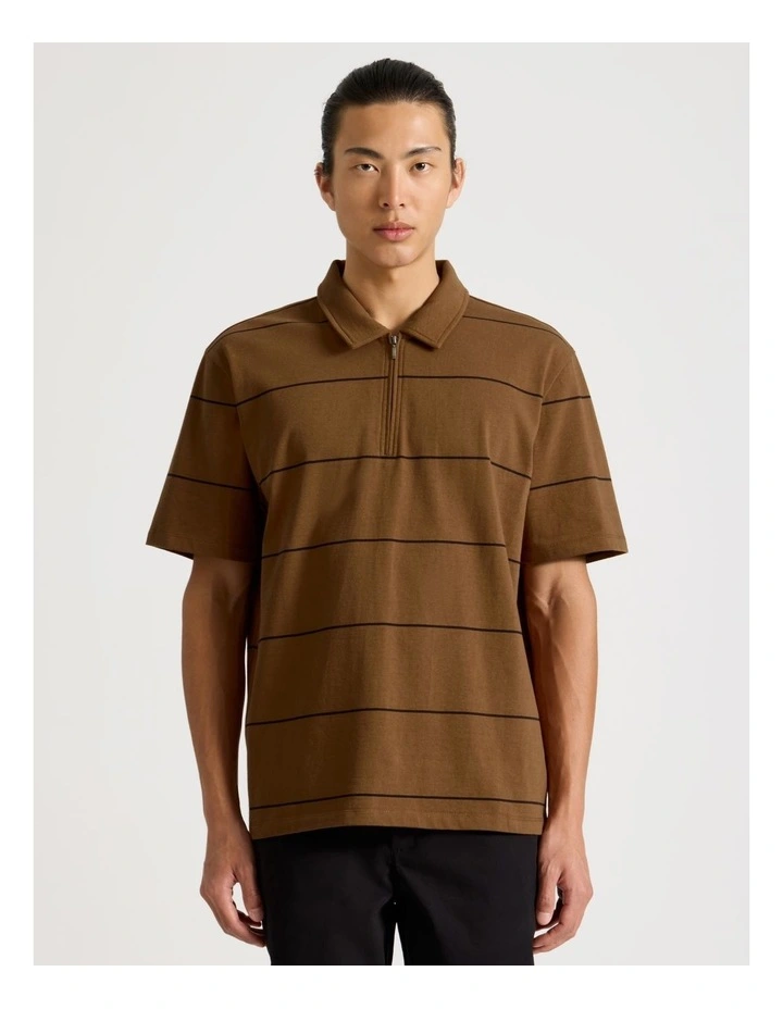 Striped 1/4 Zip Polo in Camel image 1
