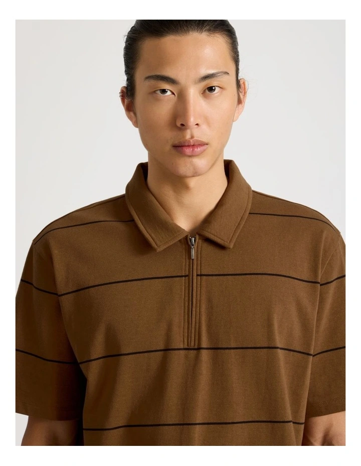 Striped 1/4 Zip Polo in Camel image 2