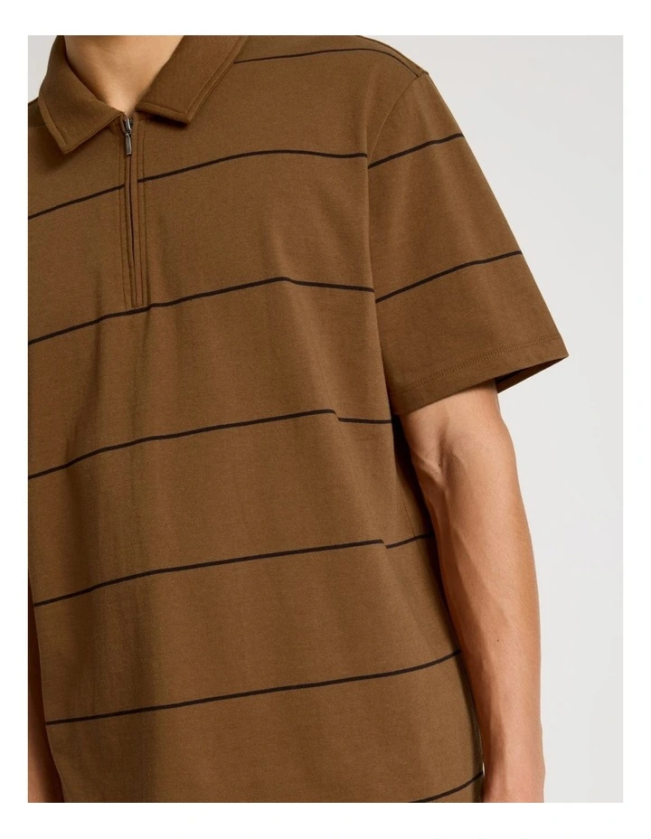 Striped 1/4 Zip Polo in Camel image 4