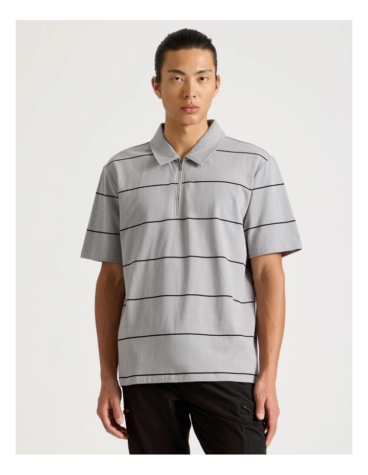 Striped 1/4 Zip Polo in Grey image 1
