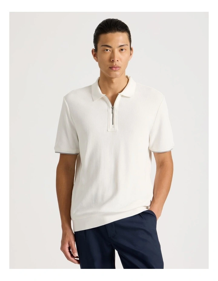 Textured Zip Front Polo in Ecru image 1