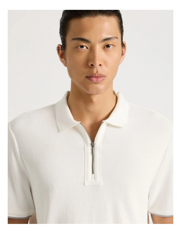 Textured Zip Front Polo in Ecru image 4
