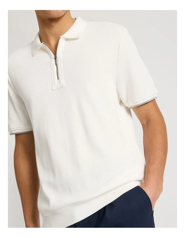 Textured Zip Front Polo in Ecru image 5