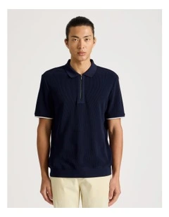 Textured Zip Front Polo in Navy