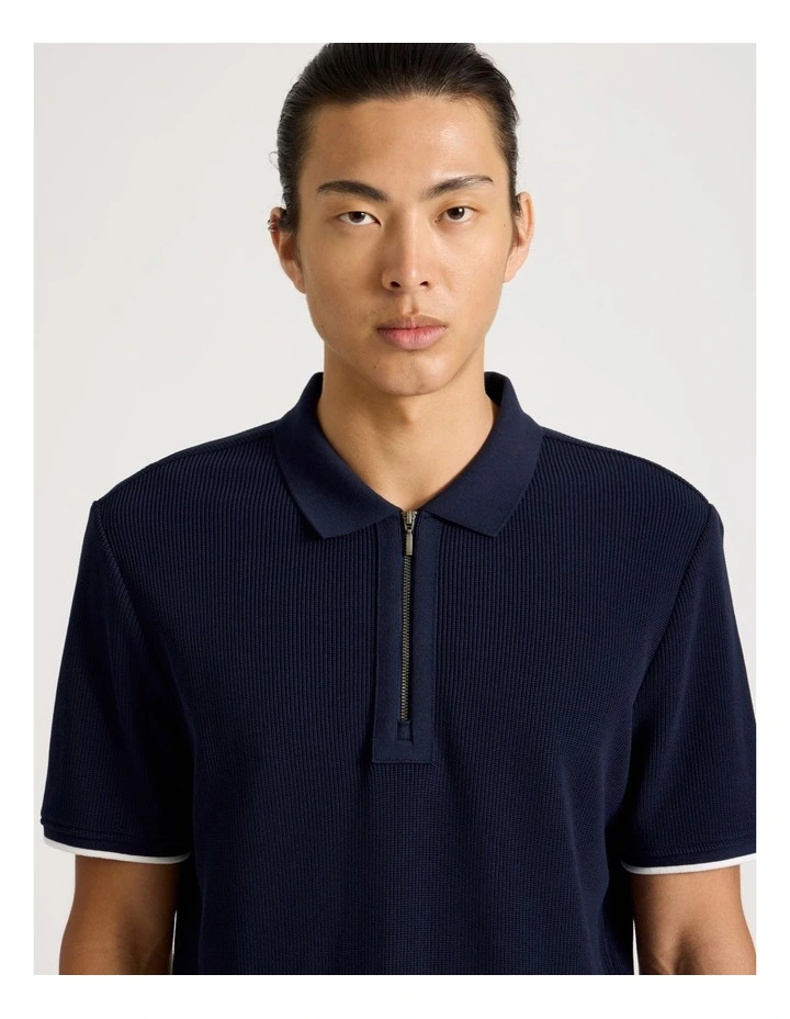 Textured Zip Front Polo in Navy image 2