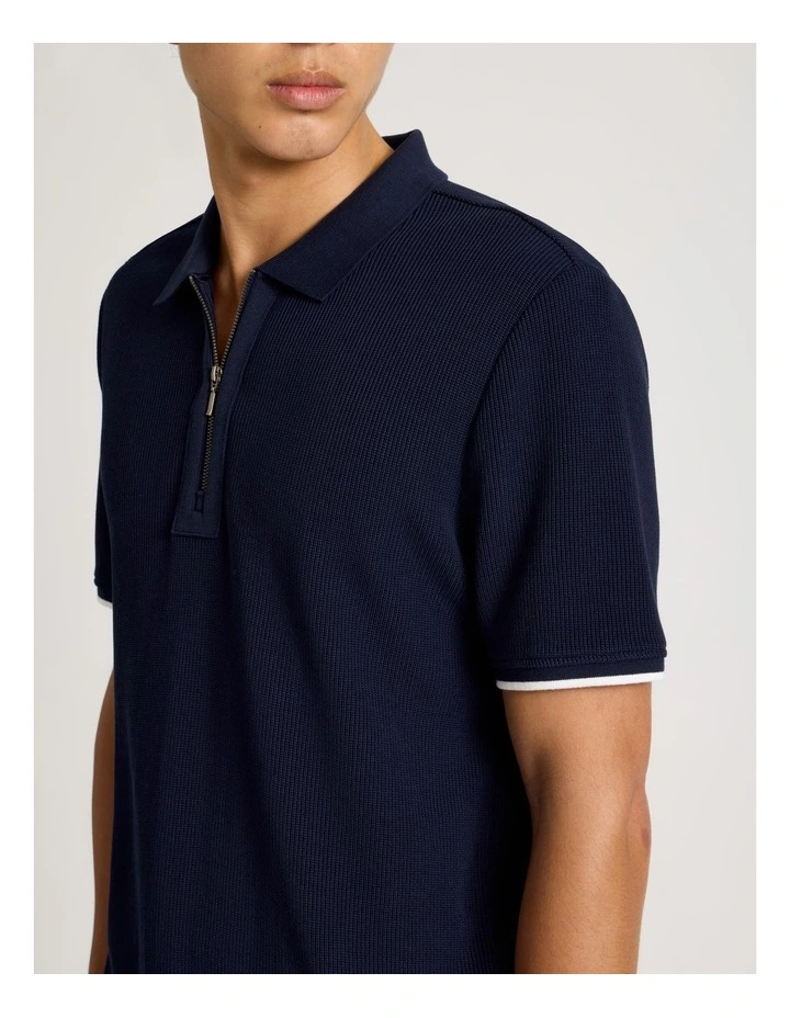 Textured Zip Front Polo in Navy image 4
