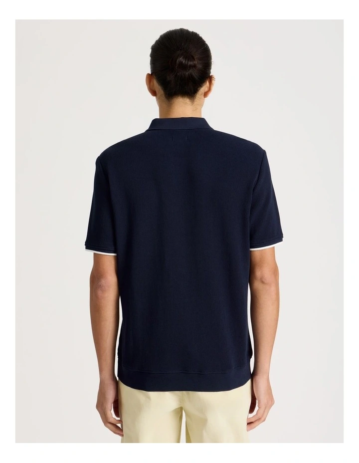 Textured Zip Front Polo in Navy image 5