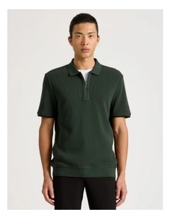 Textured Zip Front Polo in Green