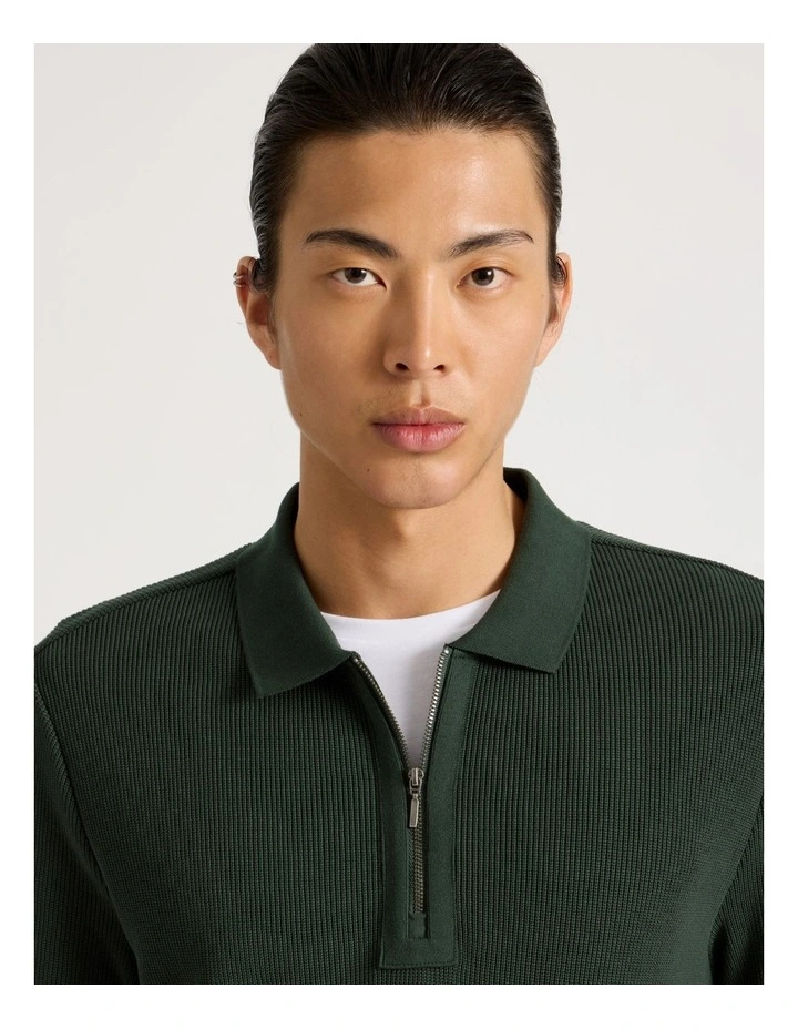 Textured Zip Front Polo in Green image 3