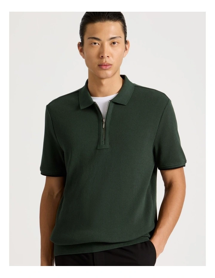 Textured Zip Front Polo in Green image 4