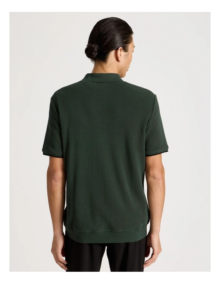 Textured Zip Front Polo in Green image 5