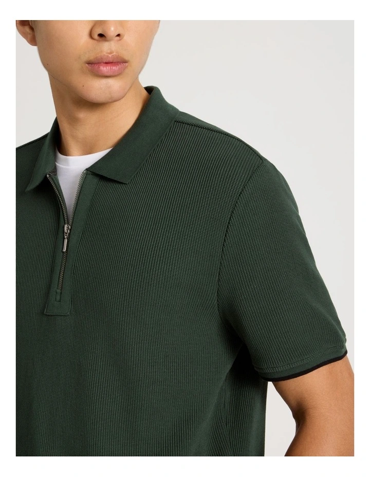 Textured Zip Front Polo in Green image 6