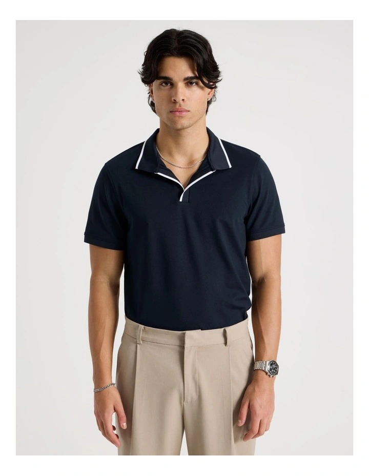 Contrast Tipping Open Collar Short Sleeve Polo in Navy image 1