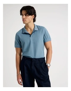 Contrast Tipping Open Collar Short Sleeve Polo in Blue