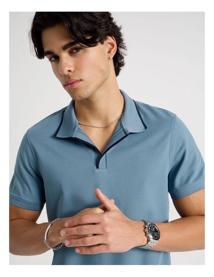 Contrast Tipping Open Collar Short Sleeve Polo in Blue image 3