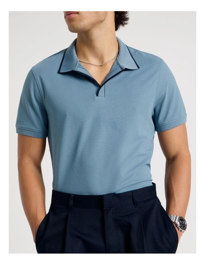 Contrast Tipping Open Collar Short Sleeve Polo in Blue image 6
