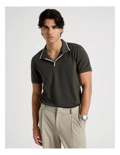 Contrast Tipping Open Collar Short Sleeve Polo in Khaki