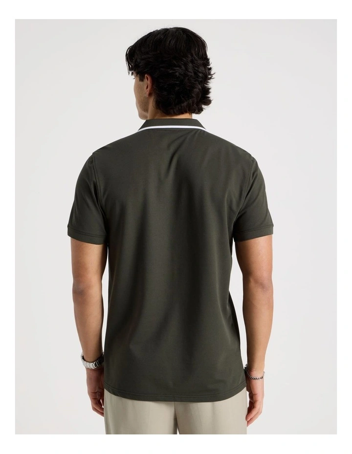 Contrast Tipping Open Collar Short Sleeve Polo in Khaki image 6