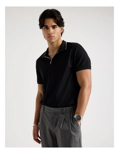 Contrast Tipping Open Collar Short Sleeve Polo in Black