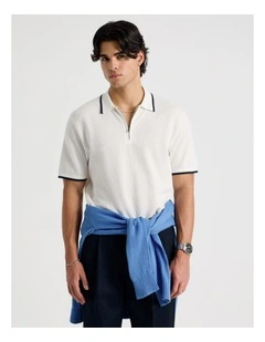 Cotton Silk Blend Zip Short Sleeve Polo in Ecru