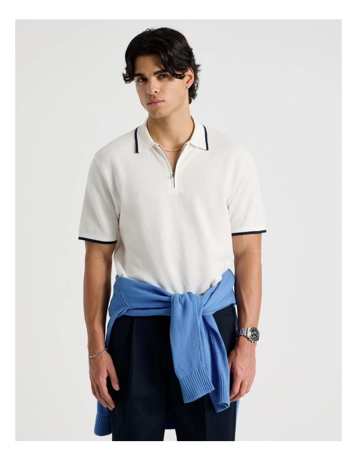 Cotton Silk Blend Zip Short Sleeve Polo in Ecru image 1