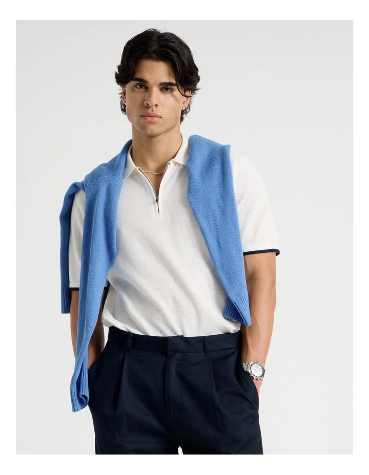 Cotton Silk Blend Zip Short Sleeve Polo in Ecru image 3