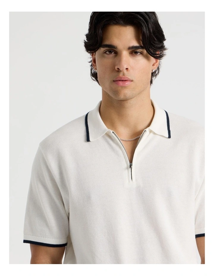 Cotton Silk Blend Zip Short Sleeve Polo in Ecru image 4