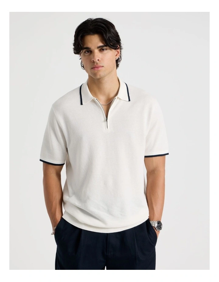Cotton Silk Blend Zip Short Sleeve Polo in Ecru image 5
