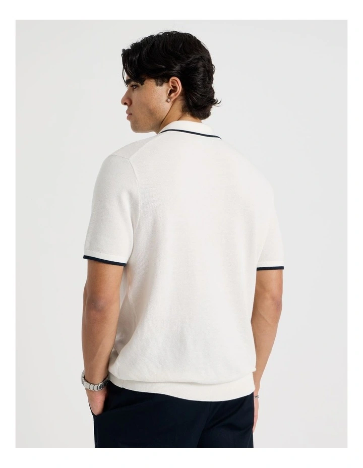 Cotton Silk Blend Zip Short Sleeve Polo in Ecru image 6