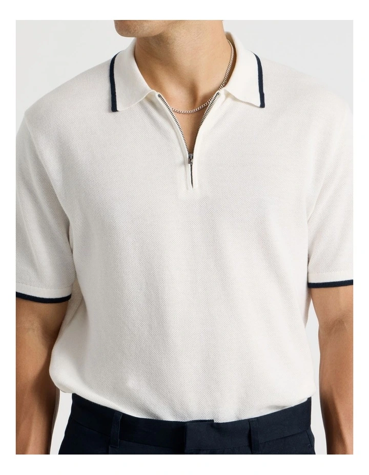 Cotton Silk Blend Zip Short Sleeve Polo in Ecru image 7