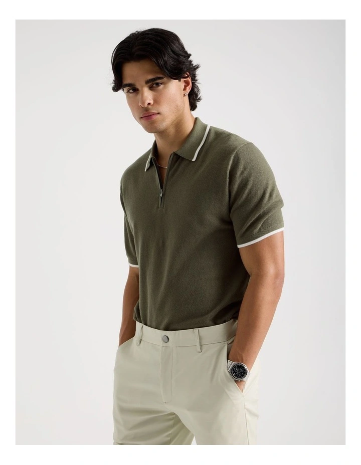 Cotton Silk Blend Zip Short Sleeve Polo in Khaki image 1