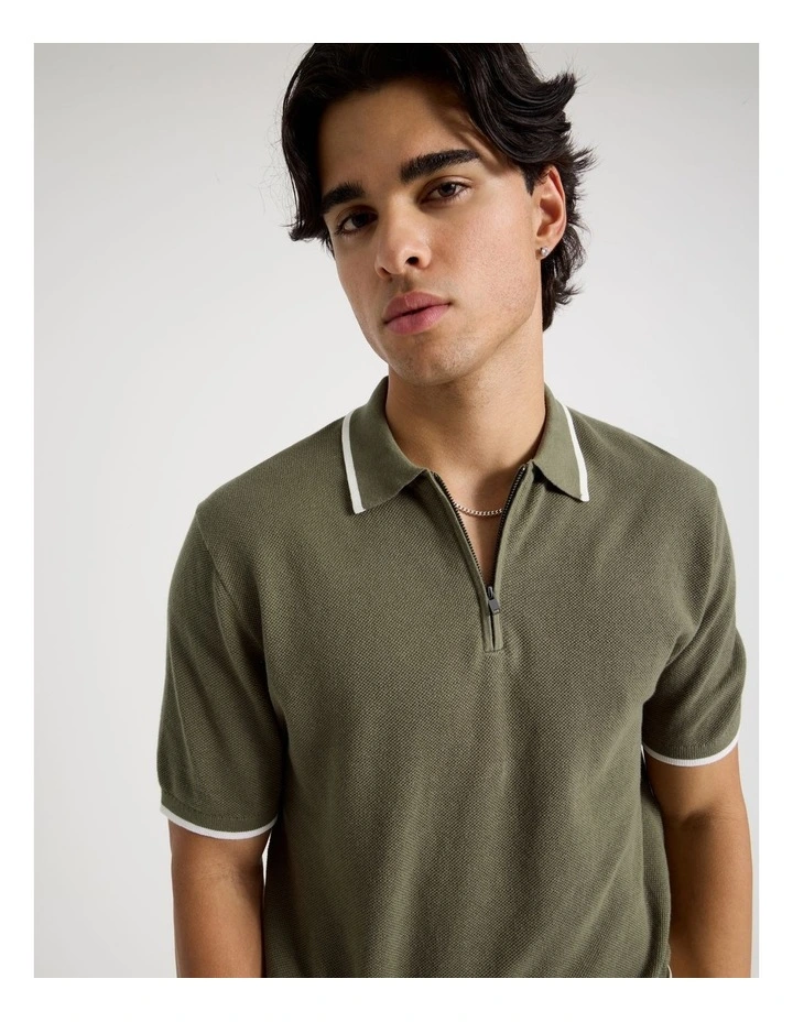 Cotton Silk Blend Zip Short Sleeve Polo in Khaki image 2