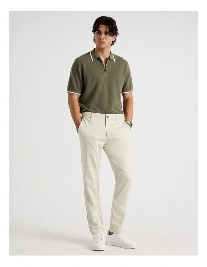Cotton Silk Blend Zip Short Sleeve Polo in Khaki image 3