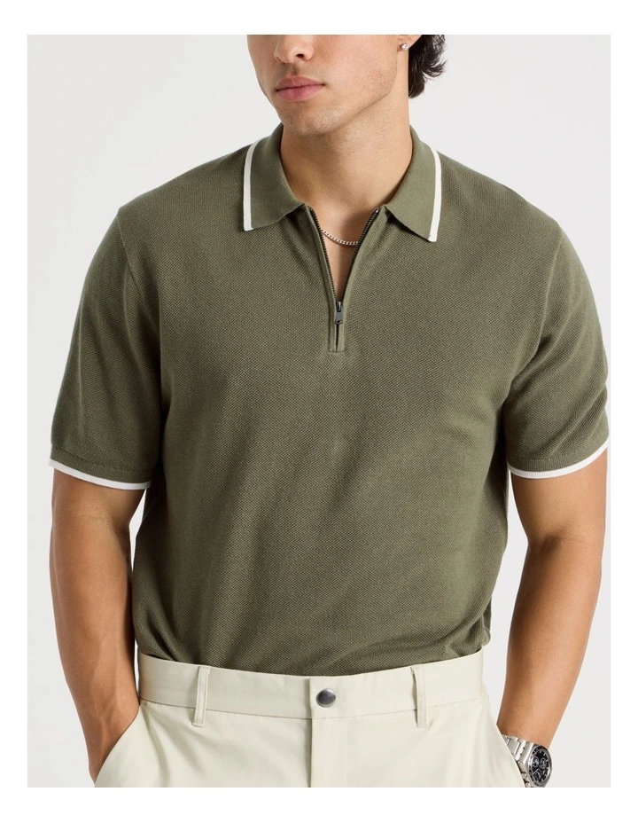 Cotton Silk Blend Zip Short Sleeve Polo in Khaki image 4
