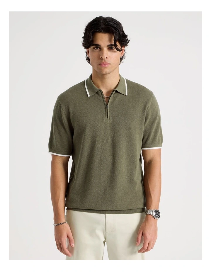 Cotton Silk Blend Zip Short Sleeve Polo in Khaki image 5