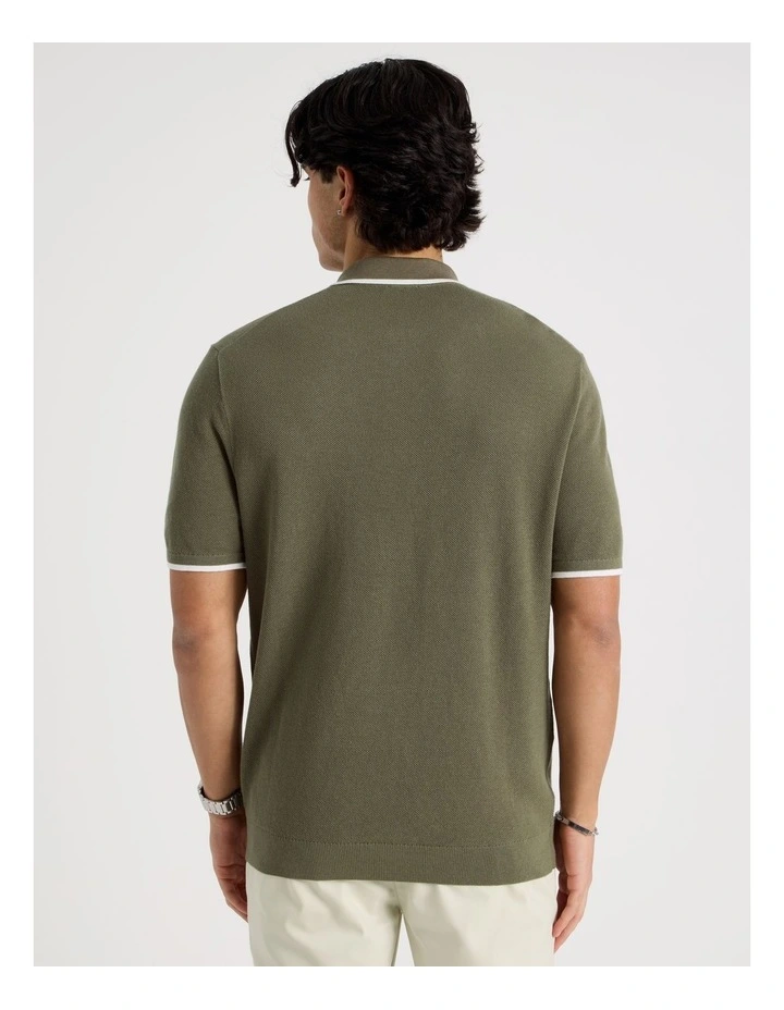 Cotton Silk Blend Zip Short Sleeve Polo in Khaki image 6
