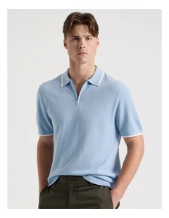 Cotton Silk Blend Zip Short Sleeve Polo in Light Blue