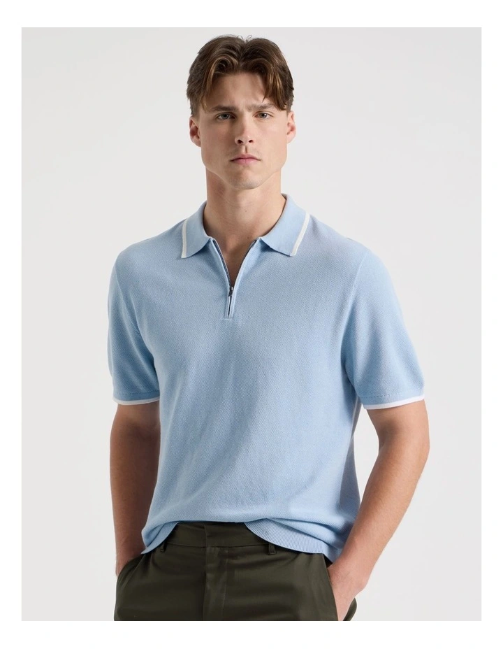 Cotton Silk Blend Zip Short Sleeve Polo in Light Blue image 1
