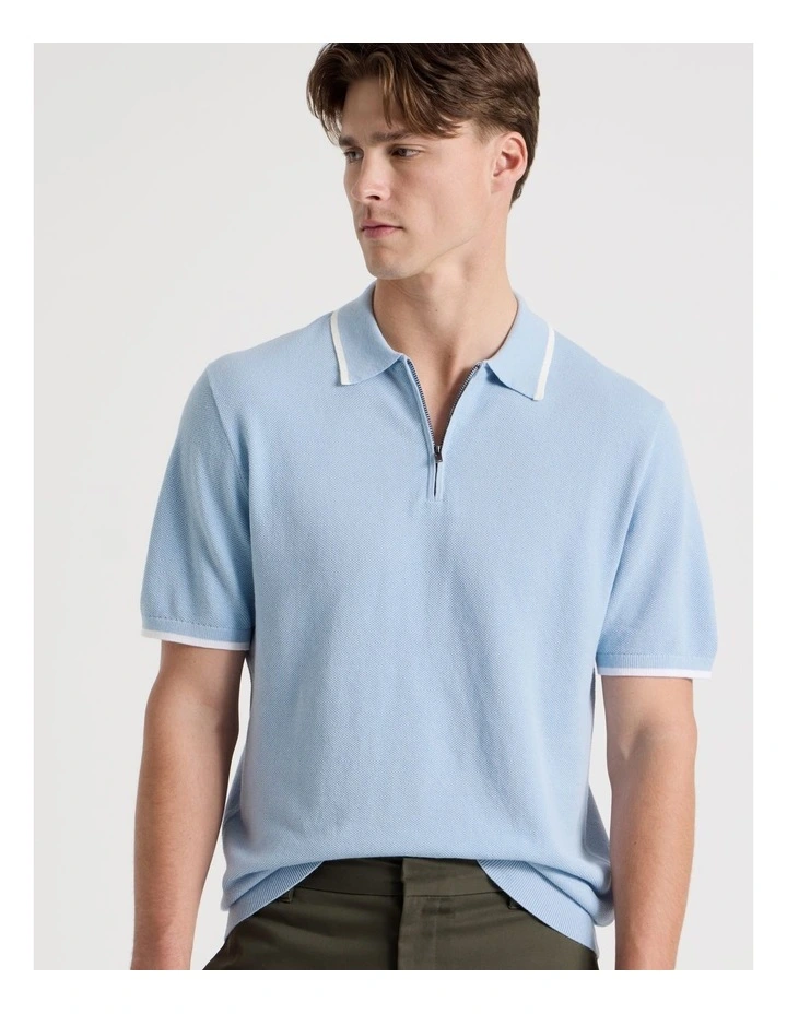 Cotton Silk Blend Zip Short Sleeve Polo in Light Blue image 2