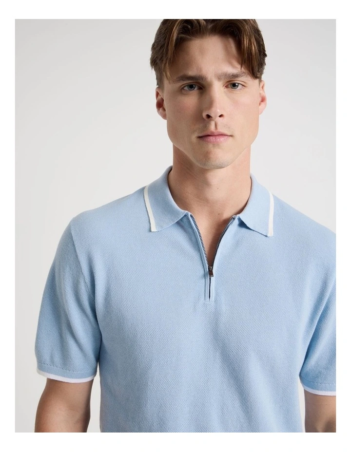 Cotton Silk Blend Zip Short Sleeve Polo in Light Blue image 3