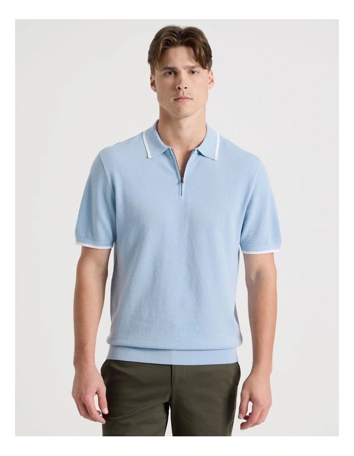 Cotton Silk Blend Zip Short Sleeve Polo in Light Blue image 5