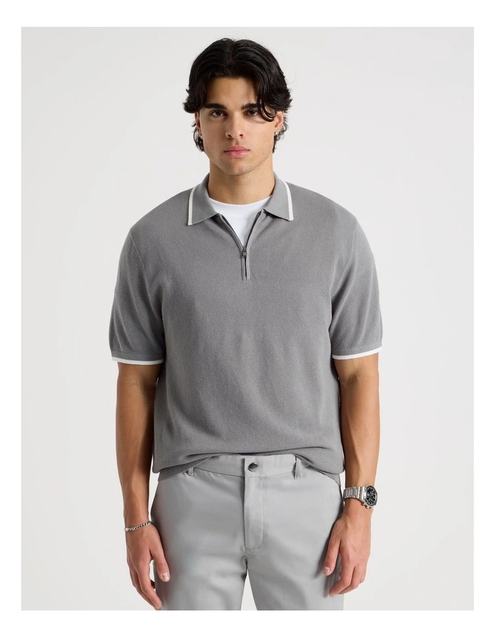 Cotton Silk Blend Zip Short Sleeve Polo in Grey image 3