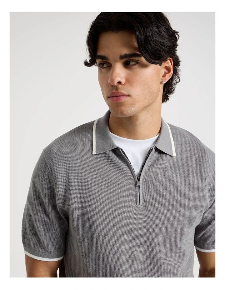 Cotton Silk Blend Zip Short Sleeve Polo in Grey image 4