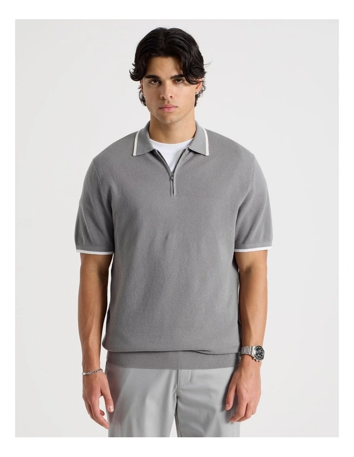 Cotton Silk Blend Zip Short Sleeve Polo in Grey image 5