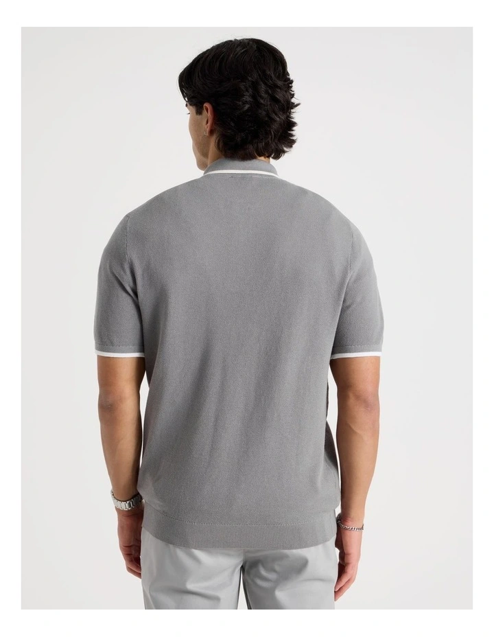 Cotton Silk Blend Zip Short Sleeve Polo in Grey image 6