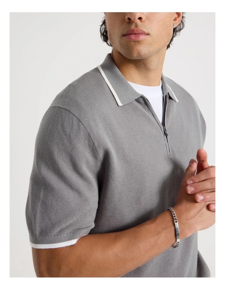 Cotton Silk Blend Zip Short Sleeve Polo in Grey image 7