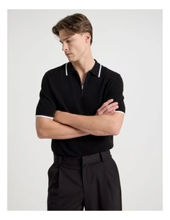 Cotton Silk Blend Zip Short Sleeve Polo in Black