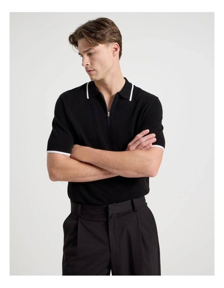 Cotton Silk Blend Zip Short Sleeve Polo in Black image 1
